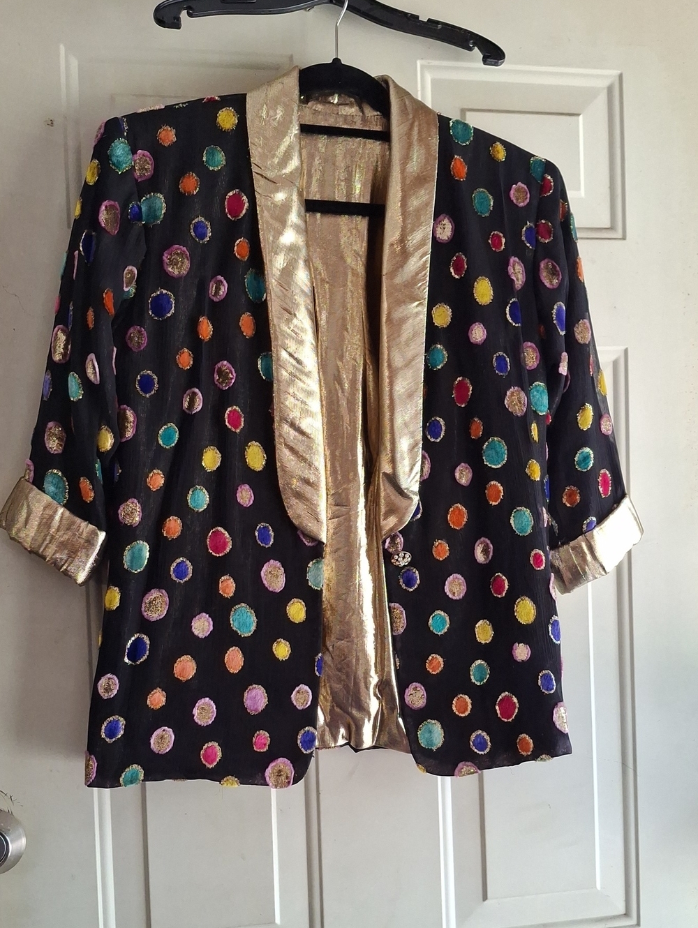 Black Multicolor Polka Dot Blazer with Gold Trim